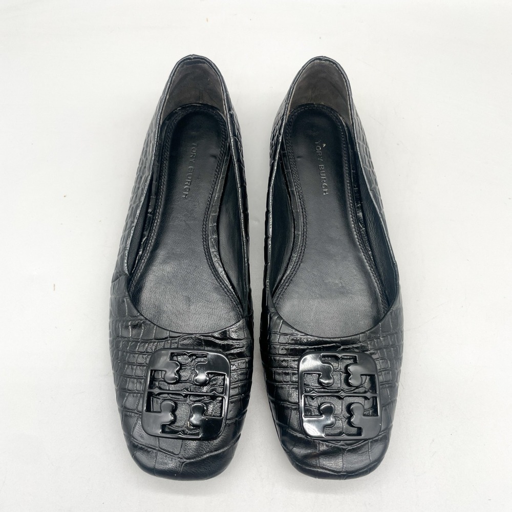Tory Burch Womens 6.5 M Georgia Ballet Flats Black Croc Embossed Square Toe Logo